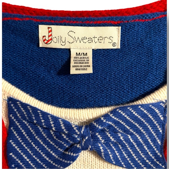 Jolly Sweaters Bright Blue Sequins Ugly Christmas Sweater Bow Tie Pullover Sz M - Picture 13 of 13